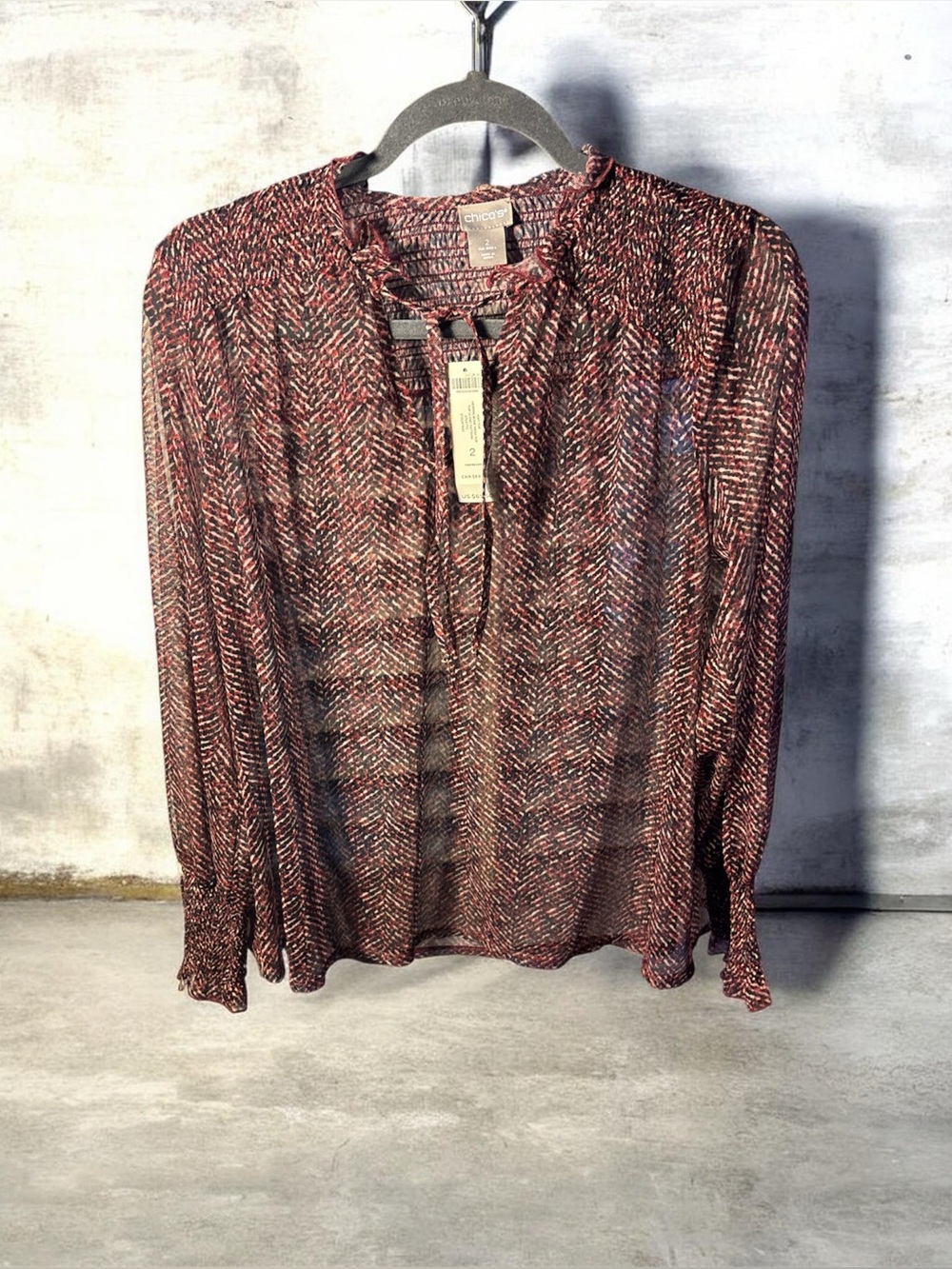 Chico’s Red Multi Chevron Tie-Neck Blouse